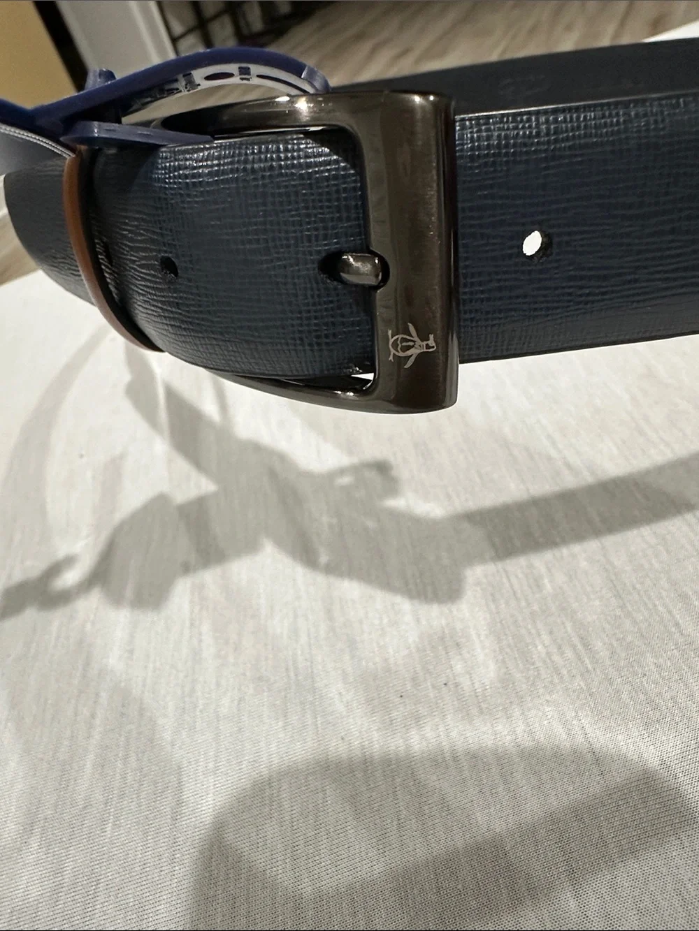 Original Penguin and Men's Navy Leather Belt with Brown Loop - Size 36, (New)